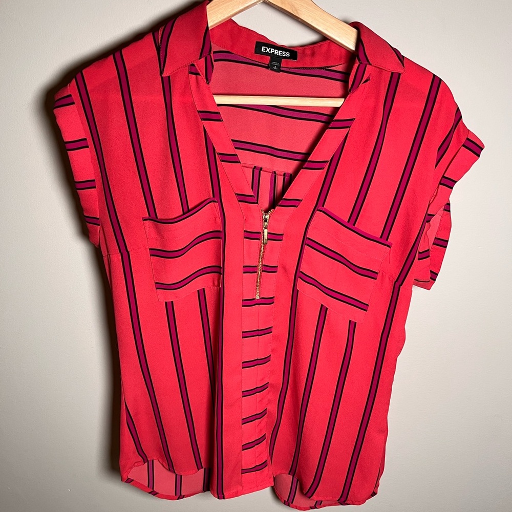 Express Women's Vibrant Red and Purple Striped Blouse Size‎ Small